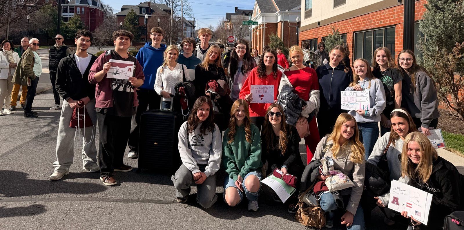 St. Poelten students taking a group picture near Downtown Altoona.