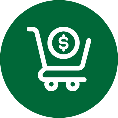 Icon with a green circle with a white shopping cart and a cash symble.
