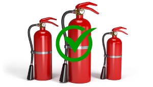 A graphic with three fire extinguishers with a green checkmark in front of them.